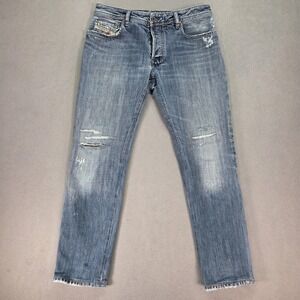 Diesel Zathan Jeans Mens Blue Distressed Straight Button Fly 0071S Fits 32x29